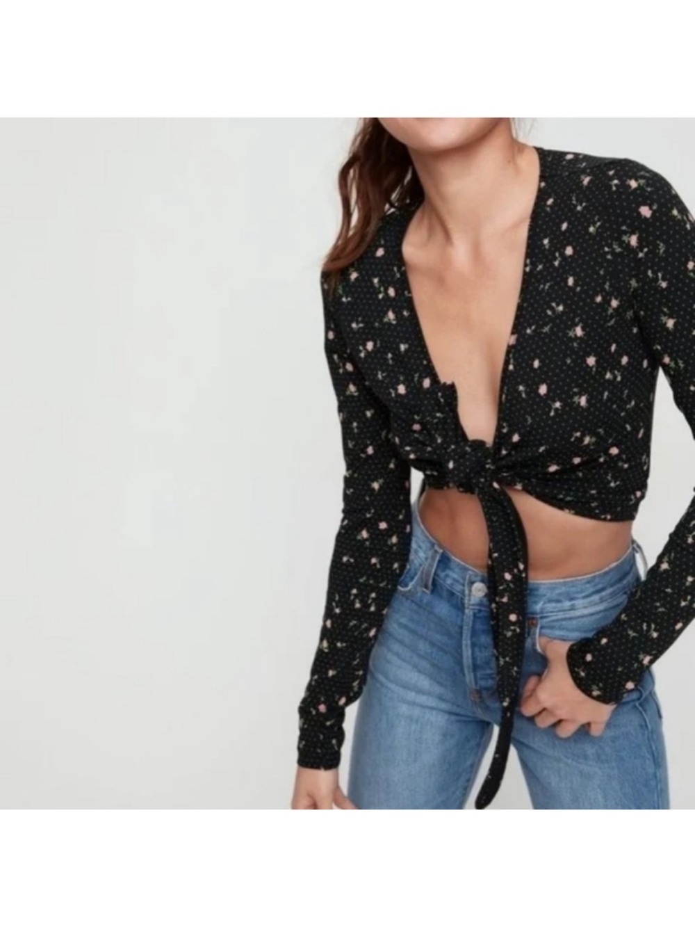 NWT Sunday Best Evelyn Ditsy Floral Front Tie Crop Top Long Sleeve Large